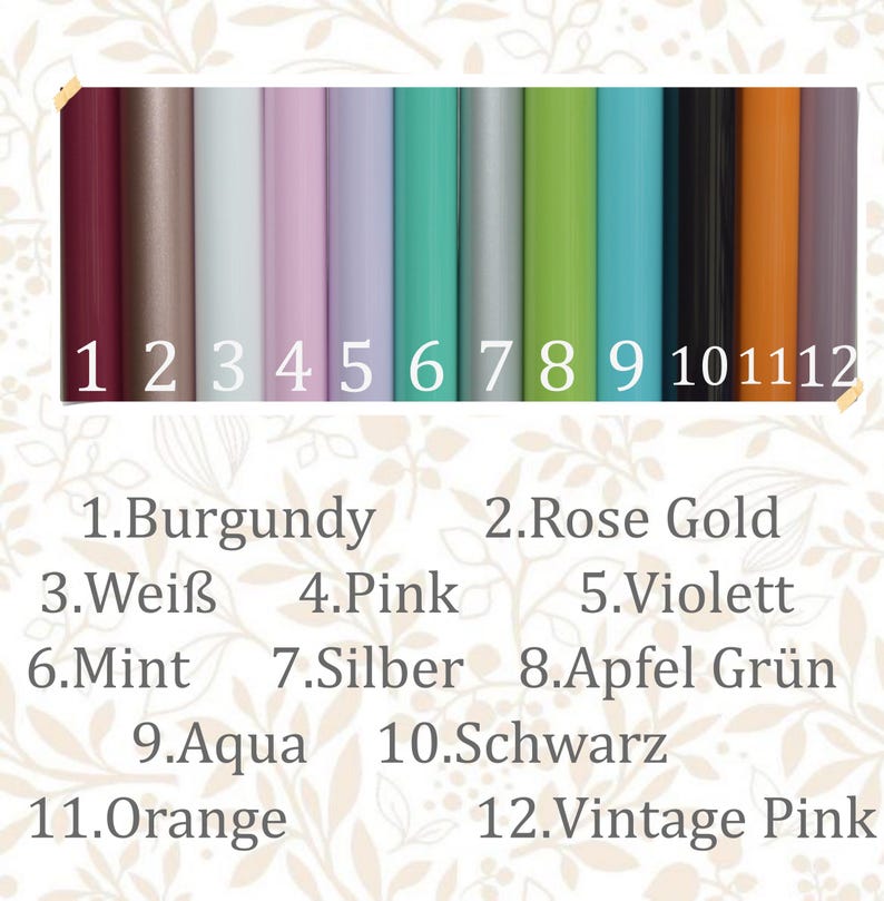May include: Twelve color swatches, numbered 1 through 12, with corresponding names in German and English. The colors are burgundy, rose gold, white, pink, violet, mint, silver, apple green, aqua, black, orange, and vintage pink.