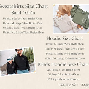 May include: Size charts for sweatshirts and hoodies, with measurements in centimeters. The image includes a photo of a black hoodie and a beige sweatshirt. The text also includes a size chart for kids' hoodies.