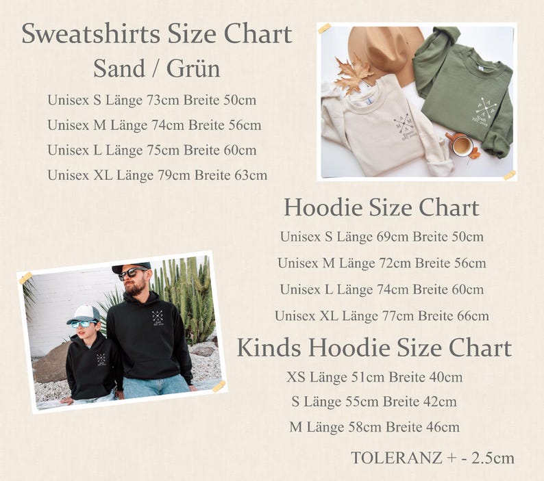 May include: Size charts for sweatshirts and hoodies, with measurements in centimeters. The image includes a photo of a black hoodie and a beige sweatshirt. The text also includes a size chart for kids' hoodies.