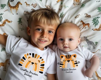 Geschwister Set:T-Shirt & Body.Partenrlook.Name personalisiert.Großer Bruder, Kleine Schwester.Geschwister Geschenk Passendes Set.