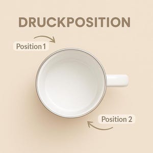 May include: A top-down view of a white mug with a silver rim and a handle on the right side. The text DRUCKPOSITION is at the top. Two arrows point to the mug, labeled Position 1 and Position 2, indicating specific areas for print placement.