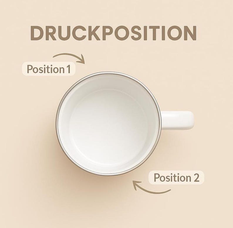 May include: A top-down view of a white mug with a silver rim and a handle on the right side. The text DRUCKPOSITION is at the top. Two arrows point to the mug, labeled Position 1 and Position 2, indicating specific areas for print placement.