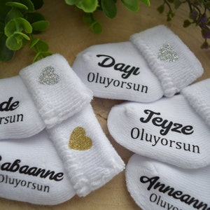 Baby Socke Baba OLACAKSIN Schwangerschaft verkünden BabySocken Türkisch Anneanne Oluyorsun Teyze Oluyorsun Bebek Geliyor Baby-Söckchen Bild 3