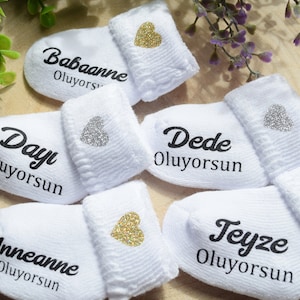 Baby Socke Baba OLACAKSIN Schwangerschaft verkünden BabySocken Türkisch Anneanne Oluyorsun Teyze Oluyorsun Bebek Geliyor Baby-Söckchen Bild 1