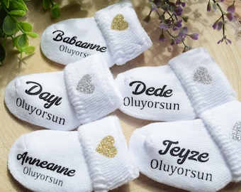 Chaussette bébé Baba OLACAKSIN Annonce de grossesse Chaussettes bébé Turc Anneanne Oluyorsun Teyze Oluyorsun Bebek Geliyor Chaussettes bébé