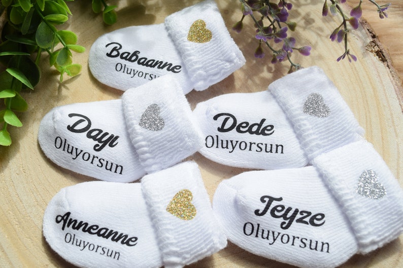 Baby Socke Baba OLACAKSIN Schwangerschaft verkünden BabySocken Türkisch Anneanne Oluyorsun Teyze Oluyorsun Bebek Geliyor Baby-Söckchen Bild 1