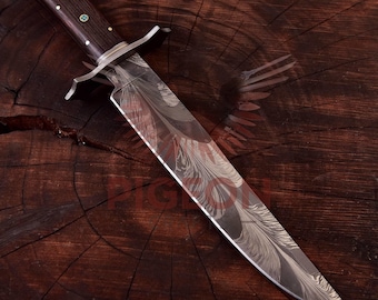 15&quot; Personalized Damascus Steel Feather Hunting Knife, Handmade Bowie Knife with Wenge Wood, Damascus Feather Knife Outdoor & Camping Knife