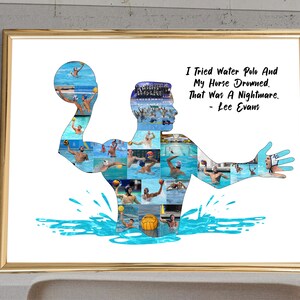 Poster stampabile con collage di foto di pallanuoto, regalo per allenatore, giocatore di pallanuoto notturno senior, regalo personalizzato per papà, collage di foto sportive