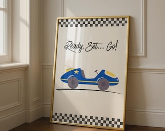 Blue Racing Car Poster, Ready Set Go Print, Boys Room Wall Art