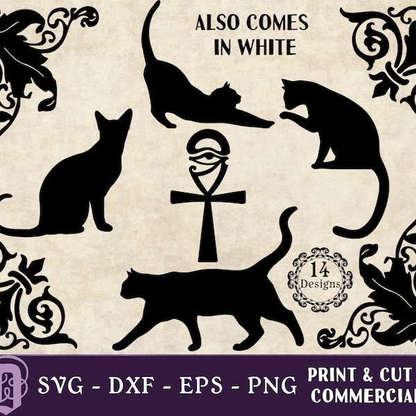 Gothic Cat SVG | Cat Silhouette SVG | Egyptian Ankh SVG | Leaf Corner svg | Elegant Corner svg | Eye Of Horus svg | Halloween png Cut Print