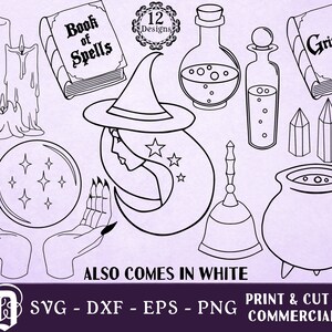 May include: A set of 12 black and white illustrations of various witchy items, including a book of spells, a cauldron, a crystal ball, a witch's hat, a potion bottle, and candles. The text "Book of Spells" and "Grimoire" are included in the image.