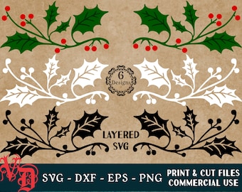 Holly Divider SVG | Holly Branch SVG | Holly Leaves SVG | Holly Berry Cut File | Holly Vector | dxf eps png Cut Print Digital Files