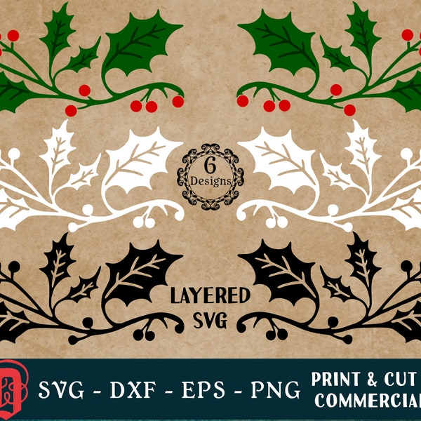 Holly Divider SVG | Holly Branch SVG | Holly Leaves SVG | Holly Berry Cut File | Holly Vector | dxf eps png Cut Print Digital Files