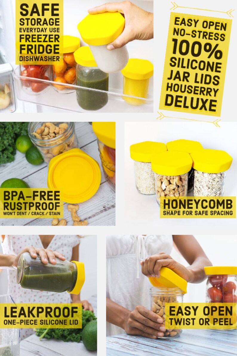 HOUSERRY Deluxe Easy-Open No-Stress 100% Silicone Mason Jar Lid Wide Mouth Yellow, 3pcs image 2