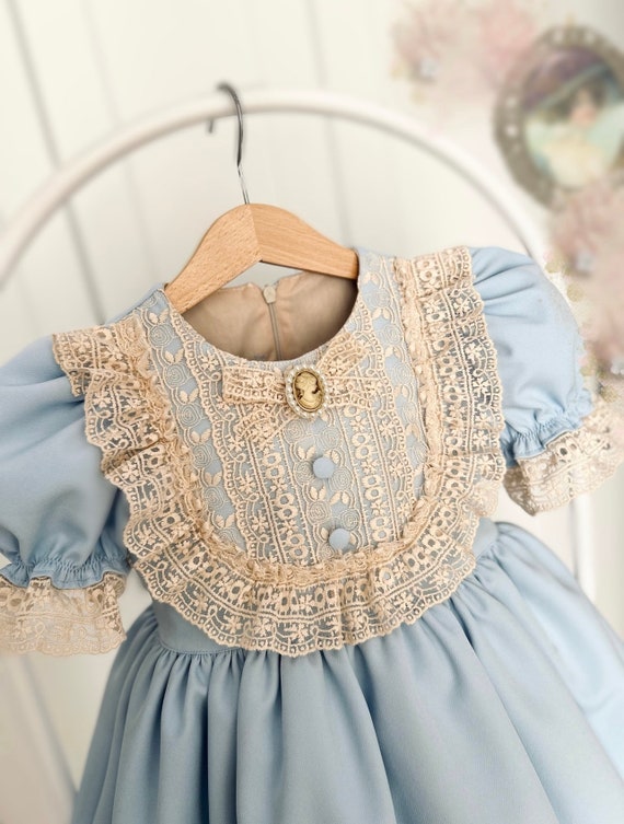 blue and tan lace dress Knee length Vintage Light Blue Lace Bridesmaid Dress – misaislestyle main image 0