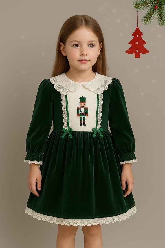 green velvet infant christmas dresses Handmade Baby Christmas Dress: Green Velvet Nutcracker Outfit