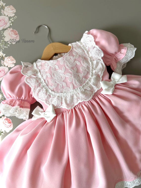 Girl's Pink Easter Dress: Rose Lace Collar Details & Bows