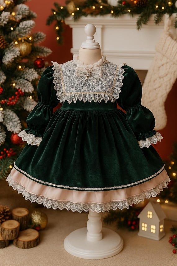 Green Velvet Christmas Dress, Vintage Lace Holiday Gown Green Velvet Christmas Dress, Vintage Lace Holiday Gown