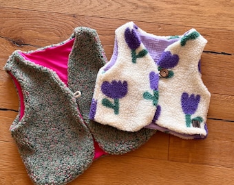 Teddy vest met patroon, roze, lila teddy sherpa vest, knuffelig vest, Leo, Leo vest,