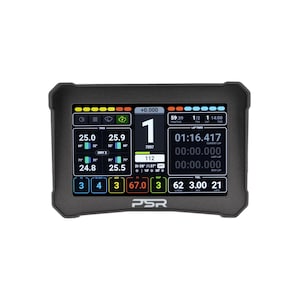 May include: A black digital display with various data readings, including numbers, graphs, and text. The screen displays information such as lap times, temperatures, and other metrics. The device has a dark gray frame and the text "PSR" is visible at the bottom.
