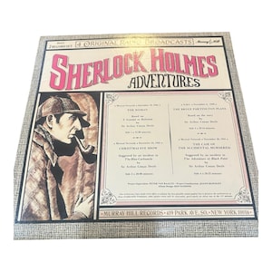 May include: A vintage vinyl record set titled "Sherlock Holmes Adventures" with a pink and white design. The cover features an illustration of Sherlock Holmes smoking a pipe. The set includes four original radio broadcasts.