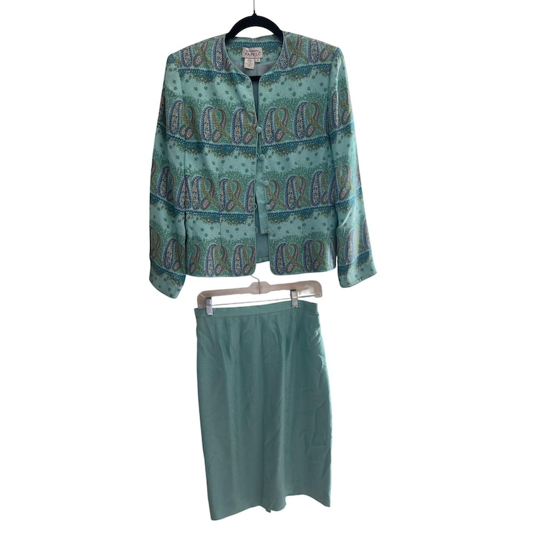 Vintage Adrianna Papell Silk Skirt Suit Teal Paisley 90s 2 Piece Set immagine 1