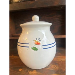 Vintage Gailstyn Sutton White Ceramic Canister Floral Blue Stripes 1980s Lidded