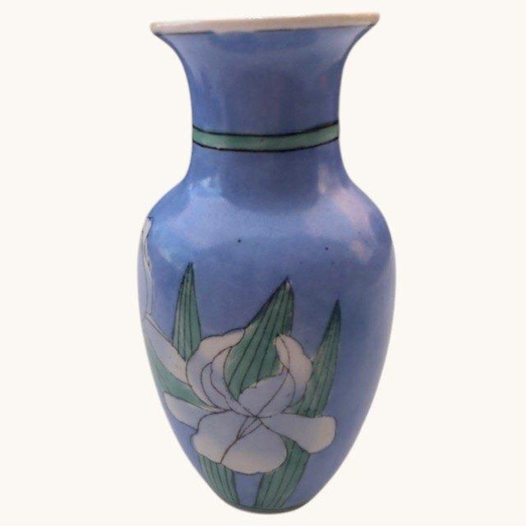 Vintage Japanese Blue Bud Vase Hand Painted White Iris Floral Ceramic 6 ...