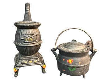 Vintage Miniature Cast Iron Potbelly Stove and Cauldron Set Hand Painted Floral