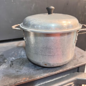 May include: A round, silver-colored metal cooking pot with a matching lid. The pot features two side handles made of the same metal and a small, black, rounded knob centered on the top of the lid. The exterior surface has a brushed finish.