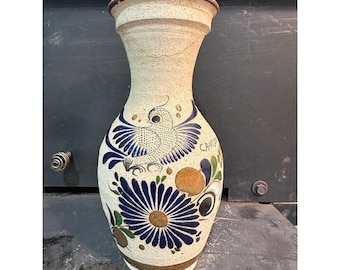 Vintage Mexican Folk Art Pottery Vase Bird Floral Cancun Signed Stoneware 10.5"