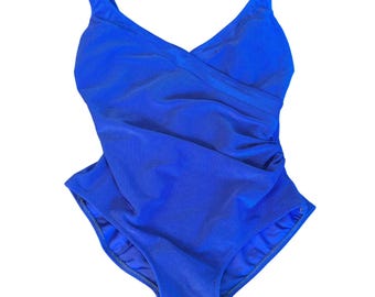 Gottex Vintage One Piece Swimsuit Blue Ribbed Surplice Ruched Slimming Sz 14