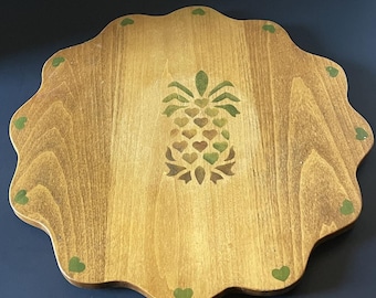 Unbranded Lazy Susan Vintage Brown Wood Pineapple Heart Stencil Scalloped Large