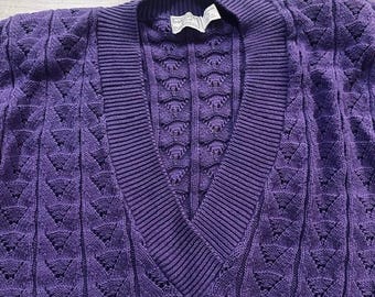 Babette and Partners Vintage Purple Pointelle V-Neck Cotton Sweater 80s S
