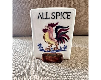 Tarro de especias de cerámica vintage de los años 50 de Fred Roberts con forma de gallo y diseño de granja.