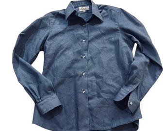 Vintage David's Shirts Hong Kong Bespoke Womens Chambray Monogram NJC 70s 80s