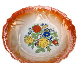 A.W. Bavaria Orange Lusterware Floral Bowl Scalloped Vintage Cottagecore 9"
