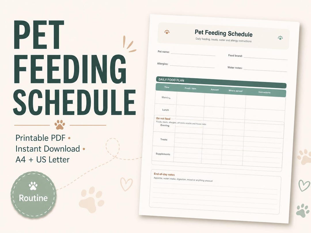 Pet Feeding Schedule Printable PDF, Dog Feeding Chart, Cat Feeding ...