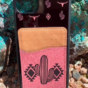 Funda para teléfono con tarjetero, diseño de calavera de toro y cactus occidental, para iPhone