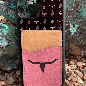 Funda para teléfono con tarjetero, billetera y diseño de calavera de toro y cactus del oeste de Estados Unidos para iPhone