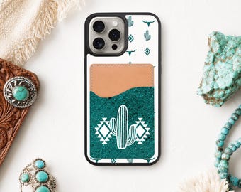 Western cactus bull skull phone case with card holder- wallet-Iphone