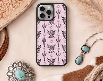 Highland Cow & Cactus Sublimation Phone Case – Western Boho Tough Case for iPhone