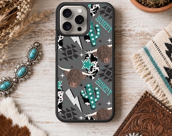 Howdy Highland Cow Case Western Turquoise Cowgirl Tough Case for iPhone