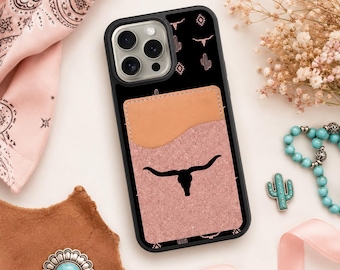 Western bull skull and cactus phone case with card holder- wallet-Iphone
