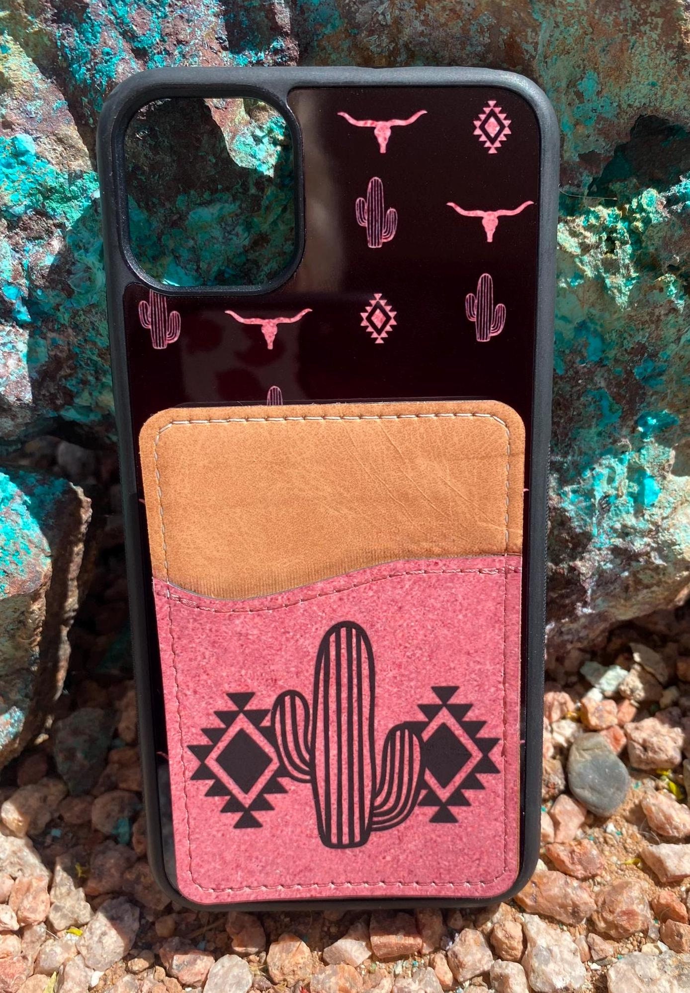 Western cactus bull skull phone case with card holder- wallet-Iphone