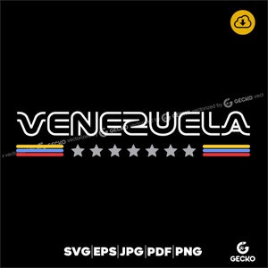 Puede incluir: Un diseño gráfico blanco con la palabra "VENEZUELA" en una fuente en negrita y estilizada. El diseño incluye siete estrellas grises y tres rayas horizontales en amarillo, azul y rojo.