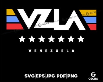 May include: A white graphic design with the text "VZLA" in bold white letters. The letters are outlined in black and have a red, blue, and yellow stripe pattern on either side. Below the text are seven white stars and the word "VENEZUELA" in white letters. The background is black.