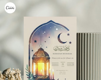 Könnte beinhalten: Eine Einladungskarte zu einem Iftar-Dinner während des Ramadan. Die Karte zeigt einen Halbmond, Sterne und eine traditionelle Laterne mit Kerzen. Der Text lautet "Ramadan Mubarak" und "Bitte schließen Sie sich uns zum Iftar am Donnerstag, den 21. März 2024 um 12:00 Uhr an. 123 Anywhere St., Any City, ST 12345."