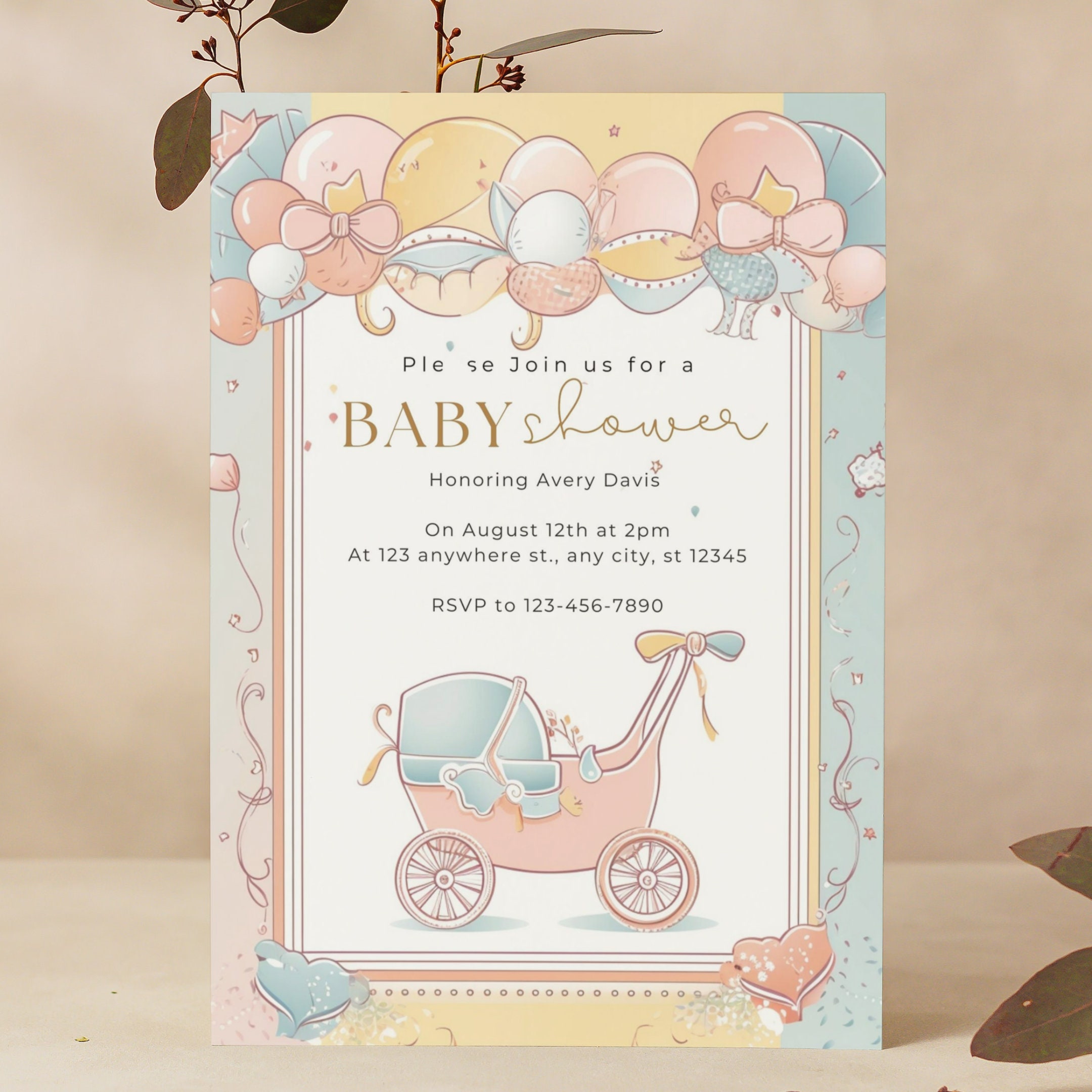 Bewerkbare baby shower uitnodiging | Sjabloon voor baby shower uitnodiging  | Pastelroze, blauw en crème | Instant Download baby shower uitnodiging -  Etsy België, image size:2160x2160