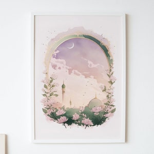 May include: A watercolor painting of a mosque with a crescent moon in the sky. The mosque is surrounded by pink flowers and greenery. The painting is framed in a white frame.